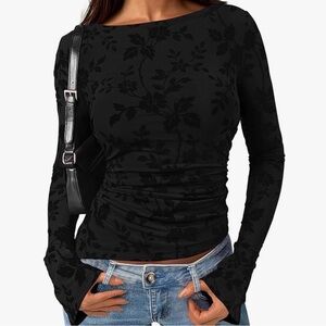 PRETTYGARDEN Women Long Sleeve Black Floral Mesh Tops Blouse - Small